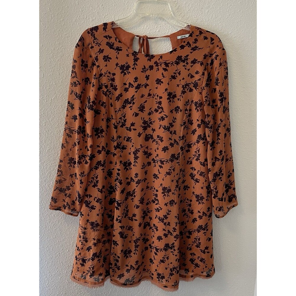 Kimchi Blue Women's Mini Dress Medium Burnt Orange Floral Long Sleeve Autumn
